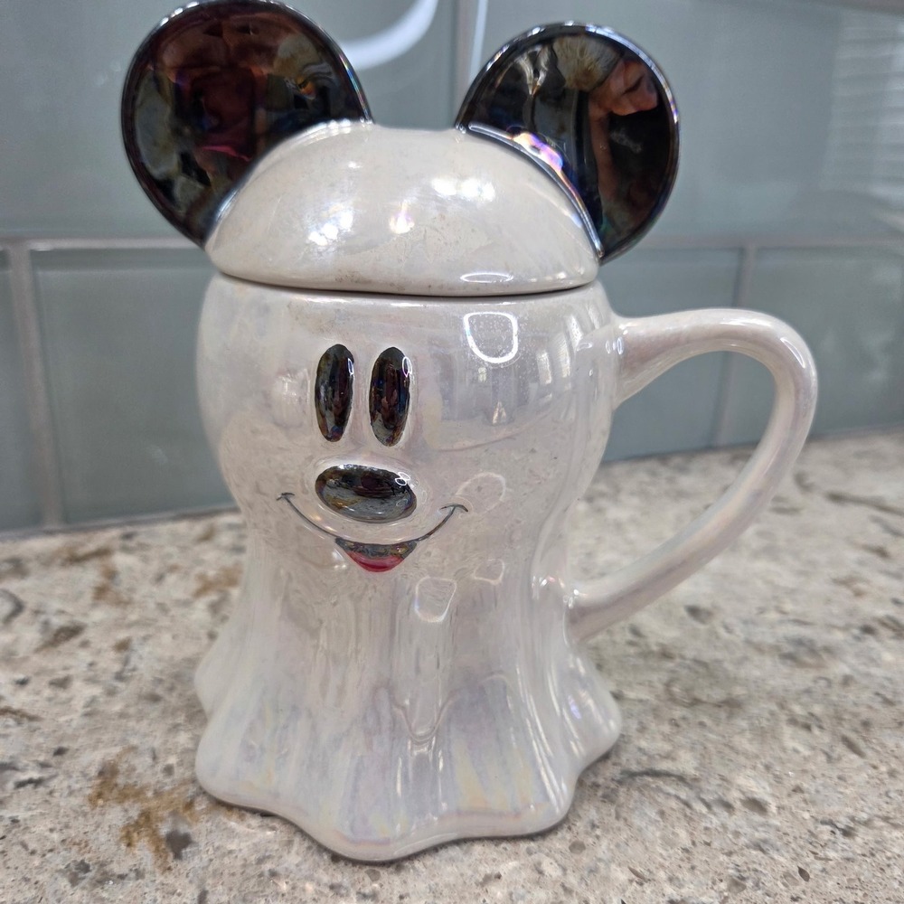 Disney Mickey Mouse Iridescent Ghost Mug with Lid Zrike Brands Halloween Ceramic